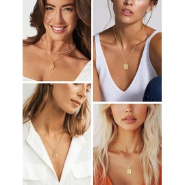 Focalook 26 letters A B C initial letters, pendant with 45 cm / 50 cm Rolo chain, hexagon/rectangle tag necklace for women, girls pendant loop, adjustable gold/ silver available for selection., N