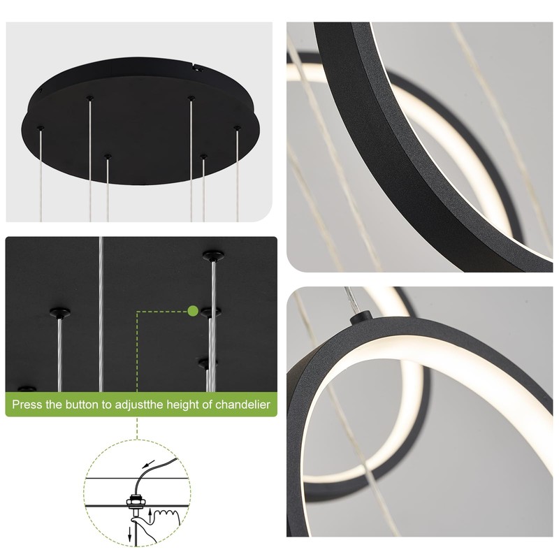 Benkut Modern LED Chandelier 6 Ring Black LED Pendant Light