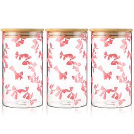 Suclain 3 Pack Pink Bow Glass Storage Containers with Airtight Bamboo Lid 25 oz Cute Food Storage Jars Organizers for Overnight Oats, Kitchen Cookie, Coffee Bean, Dry Goods, Candy, Tea