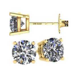 Central Diamond Center 14K Solid Gold Post & Sterling Silver 4 Prong CZ Stud Earrings - Yellow Gold Plated - 5.50mm - 1.50cttw