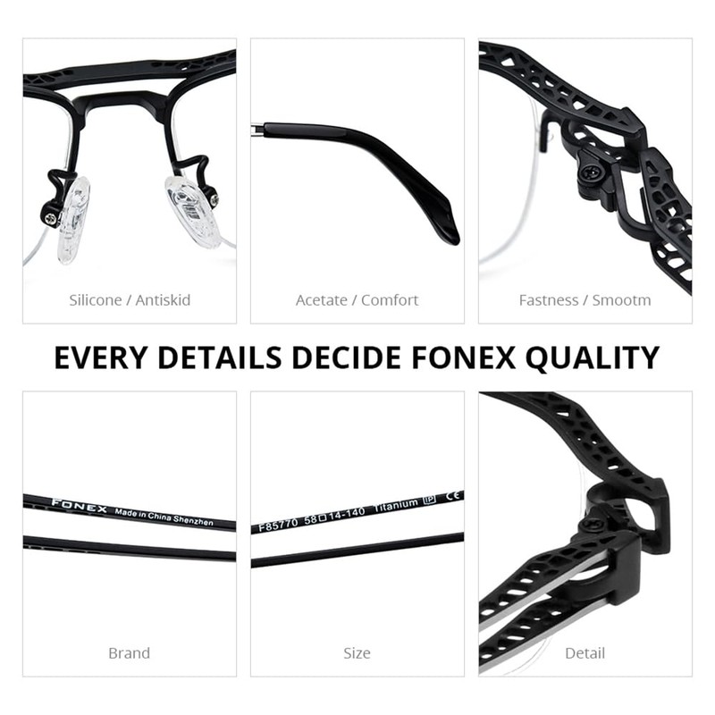 FONEX Pure Titanium Glasses Frame Men Semi Rimless Square Eyeglasses