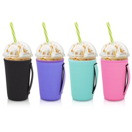 4Pack Reusable Iced Coffee Sleeve Insulator Sleeves for Cold Drinks Beverages, Neoprene Cup Holder for Most Coffee, Fits 22-24oz Medium Cups (Solid Color with Handle)