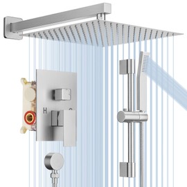 JOMEOO 12 Inch Brushed Nickel Shower System, Wall Mounted High Pressure Shower Head with Rain Handheld Sprayer, Bathroom Luxury Shower Faucet Set with Adjustable Slide Bar Rough in Valve Body and Trim