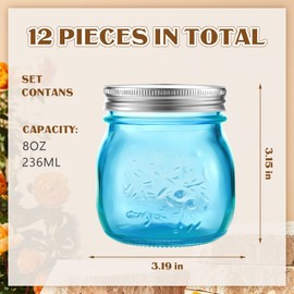 Tessco 12 Pcs 8 oz Colored Mason Jars with Lids Glass Regular Mouth Canning Jar Pint Mason Multifunction Glass Container for Storage, Pickling, Preserving, DIY Crafts, Decor Can Not Allowed Dishwasher