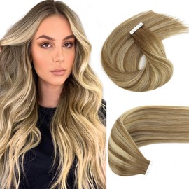 ABH AMAZINGBEAUTY HAIR Tape in Hair Extensions Human Hair Brown Ombre Blonde Tape in Extensions 18 Inch #T3/P3/60 Balayage Tape ins Human Hair Extensions Double Sided 20Pcs 50Gram