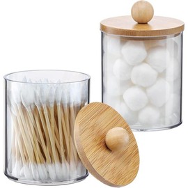 4 Pack Qtip Holder Dispenser with Bamboo Lids - 10 oz Clear Plastic  Jar Containers for Vanity Makeup Organizer Storage - Bathroom Accessories Set for Cotton Swab, Ball, Pads, Floss - Color: 2 Pack of 10 oz