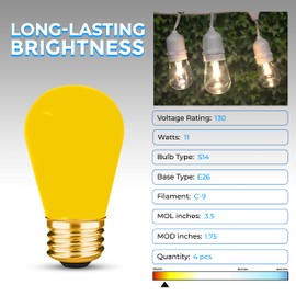 OHLECTRIC S14 Ceramic Yellow String Light Bulbs with E26 Base | 11W Dimmable Colored Bulbs | 130V Sign Light Bulbs, Suitable for String Light | 4-Pack