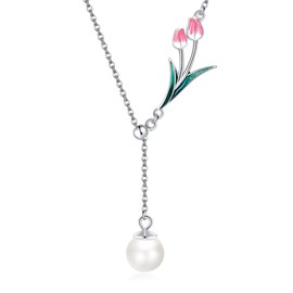 URONE Tulip Flower Necklace Sterling Silver Pearl Pink Tulips Pendant Lariat Y-Necklace Flower Long Chain Jewellery for Women Mother