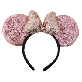 winvin Mouse Deluxe Ear Bow Headbands Sequins Hairbands Hair Accessories For Women Girls Christmas Cosplay Costume Princess Party Decorations (Pink Champagne)