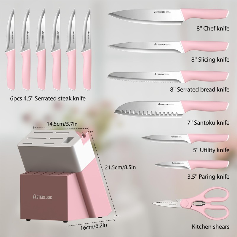 Astercook Knife Set, Kitchen Knives Set with Block and Sharpener