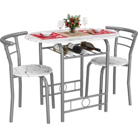 JUMMICO 3-Piece Wooden Round Table & Chair Set, Space Saving Kitchen Breakfast Nook Wood Grain Tabletop with Metal Frame and Built-in Wine Rack for Kitchen, Dining Room (White/Silver)