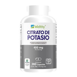 Wellthy Citrato de Potasio 360 Cápsulas 400mg. 180 Porciones por Envase para 6 meses de consumo, Hecho en Planta Certificada, VCaps Cápsulas Vegans.