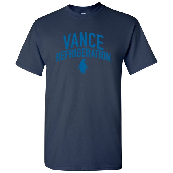 Vance Refrigeration - Camiseta divertida con diseño de Bob Vance, Azul marino/flor y brillo, Medium