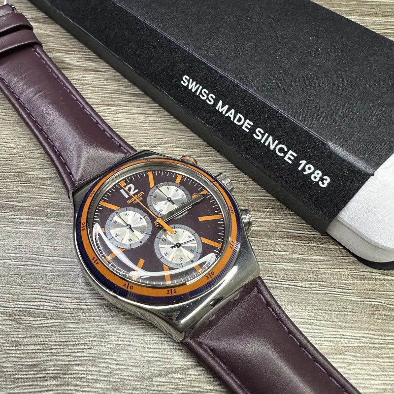 Swatch NEW✅ Swatch Irony PRISIONER Chronograph Dark Purple Leather Men's