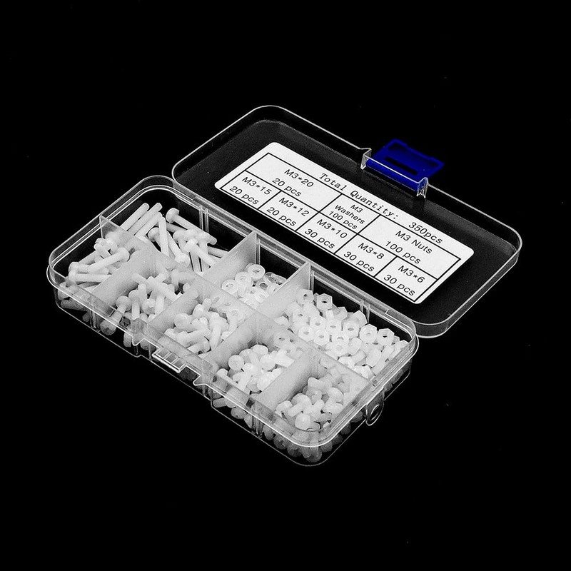 Sarini 350-Piece White Nylon Bolts, Nuts, Washers, M3 Combination Cross