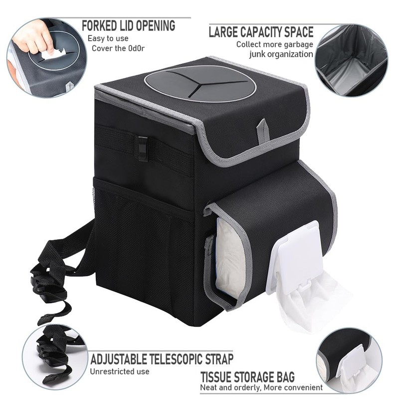 upra Car Trash Can with Lid Leakproof,Bag Hanging Storage Pockets,Adjustable