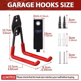 3-H Garage Storagel Hooks 4 Pack,Large Garage Hooks Heavy Duty 5 Inch in U Shape,Garage Hooks for Hanging and Organizing Chairs,Ladders,Tools,Shovels in Garden Garage Shed Basement(Red)