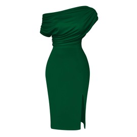 Memoriesea Women's Elegant Off Shoulder Split Hem Bodycon Ruched Midi Club Party Dress Green