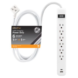 GE 6-Outlet Power Strip with USB, 1 USB-A & 1 USB-C, Outlet Extender, 6 Ft Braided Extension Cord, Flat Plug, Charging Station, White, 82594