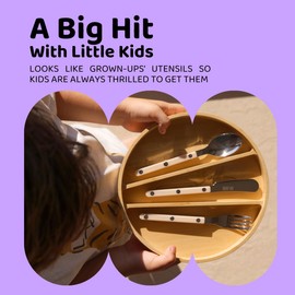 APLAINR Grown-up Utensils Set for Toddlers, 10 Piece Stainless Steel Kids Cutlery with Bamboo Organizer Tray, Montessori Toddler Silverware, Children Safe Forks, Knives and Spoons