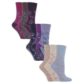 Gentle Grip 9 Pair Multipack Ladies Cotton Crew Non Elastic Socks Womens Soft Top Striped Patterned Non Binding Socks (4-8, Floral 2)