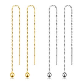 LINGBG JEWELRY 2 Pairs 925 Sterling Silver Chain Threader Earrings For Women Ball Wrap Threader Dangle Drop Earrings Lightweight Minimalist Hypoallergenic Earrings Jewelry Gift