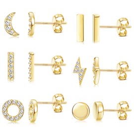 Dochais 6 Pairs of Women's Earrings 925 Sterling Silver Stud Earrings Hypoallergenic Earrings Cubic Zirconia Stud Earrings Colour: Silver Gold Rose Gold, Silver, gold