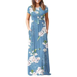 MISFAY Women Short Sleeve Loose Plain Maxi Dresses Casual Long Dresses Pockets(Floral Light Blue,L)