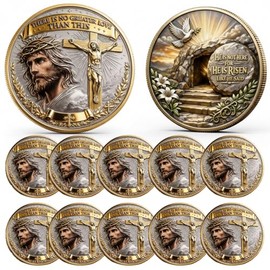 No Greater Love Resurrection Commemorative Coin, Christian Challenge Coin with Jesus Cross Crown of Thorns, “He is Risen” Empty Tomb Bible Verse Token, Religious Keepsake for Believers (10PCS)