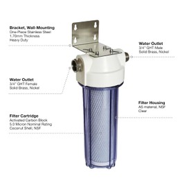 VerterPure Uni X1 Clear RV Water Filter Housing with High Efficiency Activated Carbon Filter 2.5X10”, Heavy Duty Stainless Steel Bracket