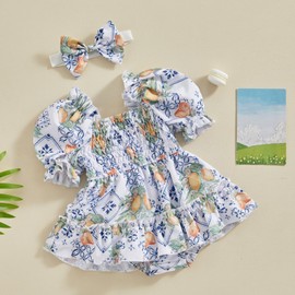 mlpeerw Summer Baby Romper Bubble Jumpsuit Princess Baby Girl Smocked Dress+Headband Summer Clothes Outfit (Lemon Blue, 12-18 Months)