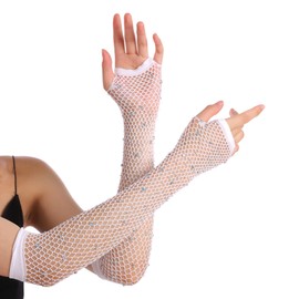 OTPEH Women Fishnet Rhinestone Gloves Fingerless Kids Fish Net Arm Sleeve Warmers 80s Emo Scene Accessories White