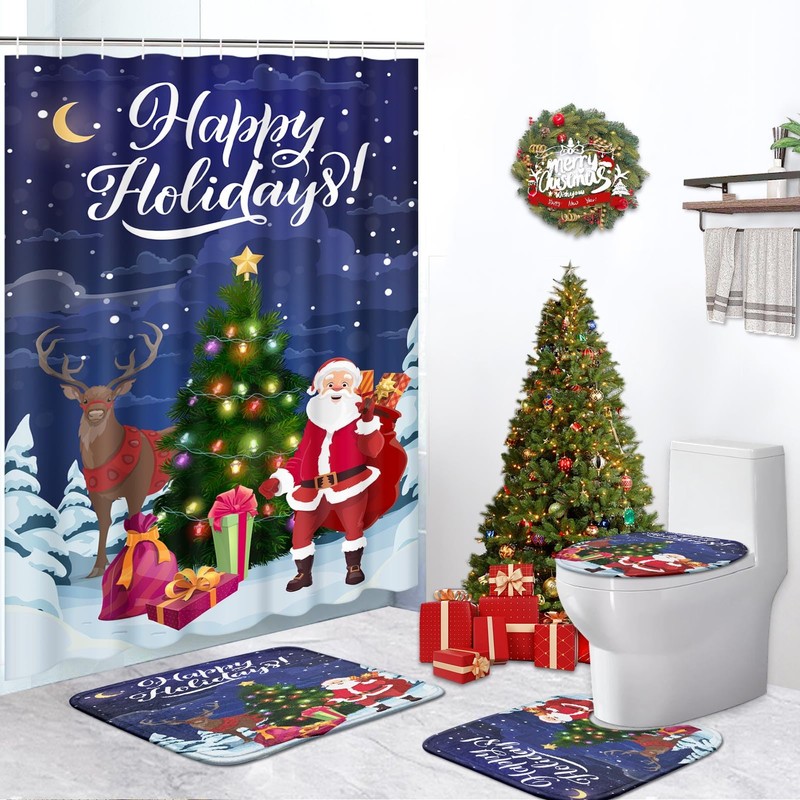 Christmas Bathroom Sets with Shower Curtain and Rugs, Deer Santa