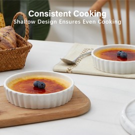 ONEMORE Ramekins, Creme Brulee Ramekins 8 oz Oven Safe White Porcelain Small Baking Dishes for Individual Serving, Fluted Shallow Soufflé Dishes Quiche Dish Mini Tart Pans Sauce Ramekin Set of 6
