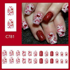Valentine's Red Love Heart False Nails Glitter Powder Red Dot Design Full Cover Glossy Short Coffin Nails Valentine's Press on Nails Square Artificial Nails Holiday Acrylic Nails Kit 24Pcs