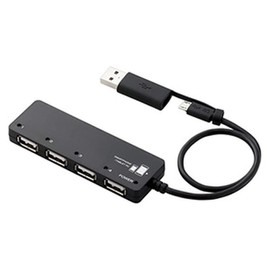 Elecom U2HS-MB02-4BBK USB 2.0 Micro USB Hub, 4-Port Bus Power Micro USB Cable + Converter Adapter, Black