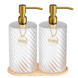 18Oz Spiral Stripe Soap Dispenser Set - Gold Stainless Steel Pump with Wood Tray, Refillable for Kitchen Sink & Bathroom Vanity, Dish Liquid & Hand Soap Storage Solution