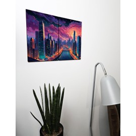 The Plum Penguin Futuristic Cityscape Wall Art Van Gogh Style, Twin Set A4 MDF, Neon Dusk City Decor Canvas Alternative 40 x 30cm