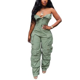 Tbahhir Women's Sexy Strapless Cargo Denim Jumpsuit with Multi Pockets Loose Baggy Wide Leg Jeans Romper