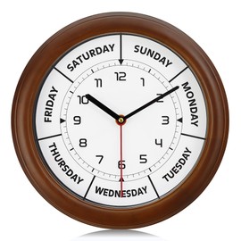 Lafocuse 12 Inch Solid Wood Silent Day of The Week Clock for Living Room, Retirement Clock for Elderly, Brown Day Clocks for Seniors