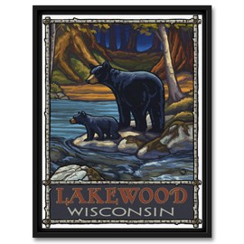 Lakewood Wisconsin Bears In Stream Professionally Framed Giclee Archival Canvas Wall Art for Home & Office from Travel Artwork by Artist Paul A. Lanquist 9" x 12"