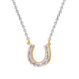 GILDED 14K Yellow Gold Plated on Sterling Silver Horseshoe Necklace with Natural Round-Cut Diamonds and 17" Cable Chain, 1/10 Carat Total Weight Diamonds & Elegant Gift Box Included