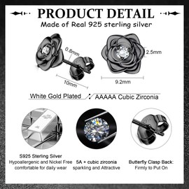 JeweBella Small Rose Stud Earrings Silver 925 Earrings for Women Girls Hypoallergenic Small Rose Flowers Earrings with 5A + Zirconia Helix Cartilage Earrings Silver/Gold/Rose Gold/Black Gifts, Silver