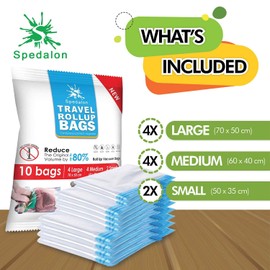 Travel Roll Up Compression Bags For Travelling - Pack of 10 (Small to Large) - Double Zipper, Reusable Bags for Home Storage and Packing Organization - No Vacuum Pump Needed
