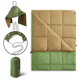 UNIKOME Outdoor Packable Camping Blanket, Lightweight Travel Blanket for Hiking, Camping, Dual-Sides Waterproof Puffy Down Alternative Camping Blanket with Snap Clasps, 75"×52", Army Green&Brown