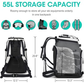 SEMSTY Ski Boot Bag, 55L Waterproof Snowboard & Ski Boots Travel Backpack for Boots, Helmet, Goggles, Gloves & Accessories