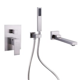 Wall Mounted Bathtub Faucet with Handheld Shower, Solid Brass Bathroom Shower Faucet with 180° Swivel Water Spout Modern Single Handle Tub Filler with Balanced Valve, Brushed Nickel