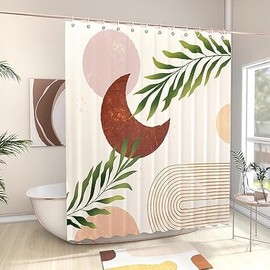 EOSAHR Boho Shower Curtains for Bathroom Decor - Farmhouse Bath Curtain Set for Mid Century Modern Home Decor Accessories - Waterproof Abstract Shower Curtain (Moon & Plant)