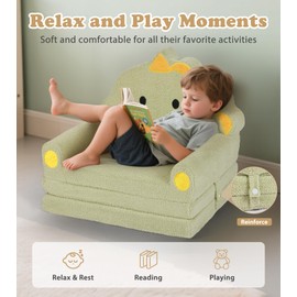 Kids Couch, 2-in-1 Soft Toddler Couch Fold Out with Blanket, Chair Comfy, Foldable Convertible Plush Sofa to Lounger, Gifts for Kids Girl Boys, Dinosaur