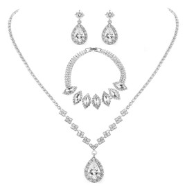 Unicra Bride - Juego de collar y arete de plata para novia, joyería de boda, collar de perlas para mujeres y niñas, Azul, 17.7 Inch( 45cm)